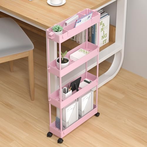 SPACELEAD Slim Storage Cart 4 Tier,Bathroom Organizer Rolling Utility,Mobile Shelving Unit Slide Out for Office, Kitchen, Laundry Room & Narrow Places,Pink - Image 5