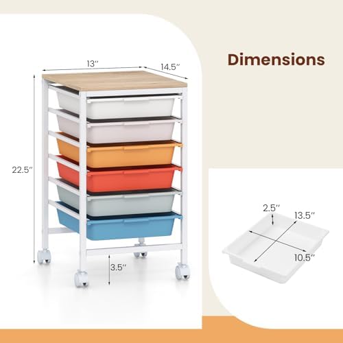 Giantex Rolling Storage Cart with 6 Drawers, Utility Cart w/Wooden Tabletop, Lockable Wheels, Multipurpose Organizer for Art Craft Scrapbooks Paper, Drawer Carts for Dorm Classroom Office, Macaron - Image 3