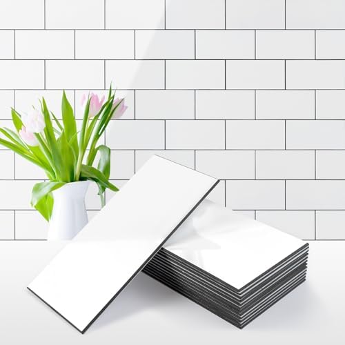 Vamos Tile 100-Piece Glossy Pure White Peel and Stick Backsplash Tile,3''x6'' PVC Subway Tile with Dark Gray Grout,Stick on Backsplash for Kitchen/Bathroom/Fireplace by VamosTile