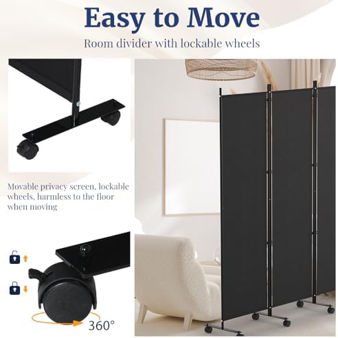 Kokorona 4 Panel Room Divider, 6FT Tall Rolling Privacy Screen with Lockable Wheels, Folding Wall Dividers Portable Room Divider for Room Separation, Included - Cover Strips, Black, 88''W x 70''H - Image 4