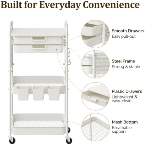 3 Tier Rolling Cart with 2 Drawers, Metal Utility Storage Carts with Wheels - Image 5