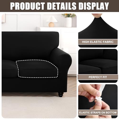 SearchI Stretch Sofa Cover Couch Cover, 3 Pieces Loveseat Slipcover with 2 Separate Cushion Cover, Washable Furniture Protector for Living Room(Loveseat, Silver Black) - Image 2
