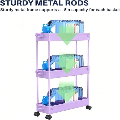 SPACELEAD Slim Storage Cart 3 Tier,Bathroom Organizer Rolling Utility,Mobile Shelving Unit Slide Out for Office, Kitchen, Laundry Room & Narrow Places,Purple - Image 3