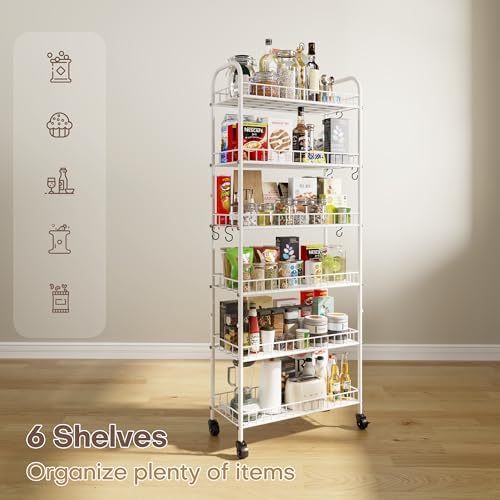 6 Tier Slim Rolling Storage Cart with Wheels, Metal Mobile Shelving Unit Organizer Utility Cart for Office Bathroom Kitchen Laundry Room Narrow Places (White 10 Inches) - Image 6