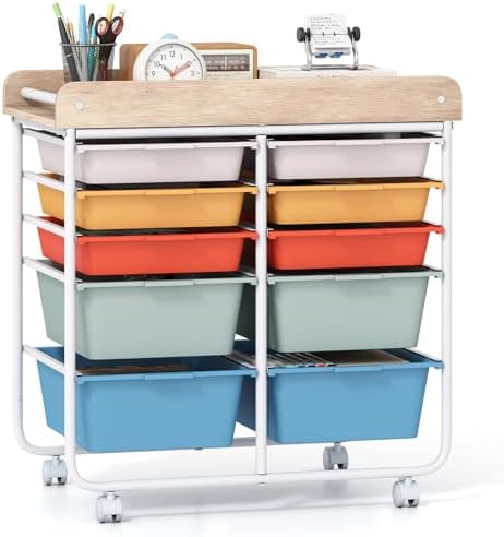 Giantex Rolling Storage Cart with 10 Drawers, Utility Cart w/Wooden Tabletop, Handle, Lockable Wheels, Multipurpose Organizer for Art Craft Scrapbooks Paper, Drawer Carts for School Office, Macaron by Giantex