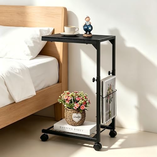 C Shaped End Table Small Side Table with Wheels Slide Under Couch Table for Sofa Adjustable Height C Table with Metal Frame for Living Room Bedroom Bedside, Black by Makelifemoreconvenient