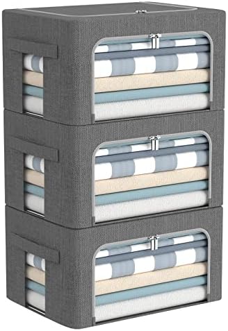 CYhom 3Pack Foldable Storage Bins - Frame Storage Box Linen Fabric Stackable Clothes Container Organizer with Clear Window & Carry Handles Large Capacity (Small-22L, Dark Gray) by CYhom