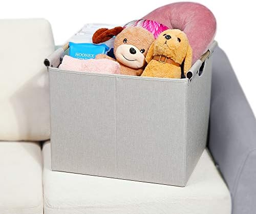 HOONEX Large Foldable Storage Bins, Linen Fabric, 2 Pack, with Wooden Carry Handles and Sturdy Heavy Cardboard, for Home, Office, Car, Nursery, Beige - Image 6