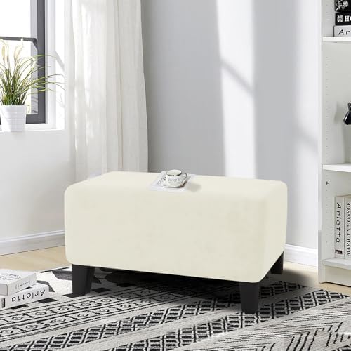 MAXIJIN Velvet Ottoman Cover Rectangular Stretch Square Ottoman Covers Slipcover Rectangle Washable Foot Stool Cover Thick Storage Protector with Elastic Bottom (Ottoman Medium, Beige) - Image 2