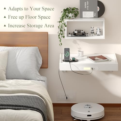TEAMIX Floating Nightstand with Charging Station, Wall Mounted Folding Bedside Shelf Combo Wood Nightstand with Led Light USB Type C Ports, Bed Side Storage Tray Caddy for Bedroom, Living Room, Dorm - Image 5