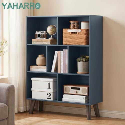 YAHARBO Blue Bookshelf,3 Tier Book Shelf with Legs, 7 Cube Minimalist Bookcase,Storage Organizer Shelves Display Bookcases for Bedroom,Living Room - Image 3