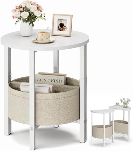 Vagusicc Side Table, Small Round End Table, Tall Accent Table with Storage Basket, Set of 2 Half Round Coffee Tables Half Moon Tables, Bedside Table, Modern Nightstand for Living Room Bedroom, White by Vagusicc
