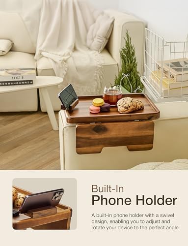 HOLANA 15.75" Acacia Couch Arm Tray with Phone Holder, Natural Wood Color - Image 3