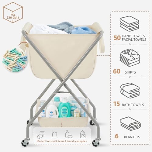 STORAGE MANIAC Collapsible Laundry Cart with Wheels 35.6"H Removable Canvas Bag Rolling Laundry Hamper Clothes Basket with Wheels, Sturdy Steel Frame Folding for Small Narrow Space Easy Storage, Beige - Image 4