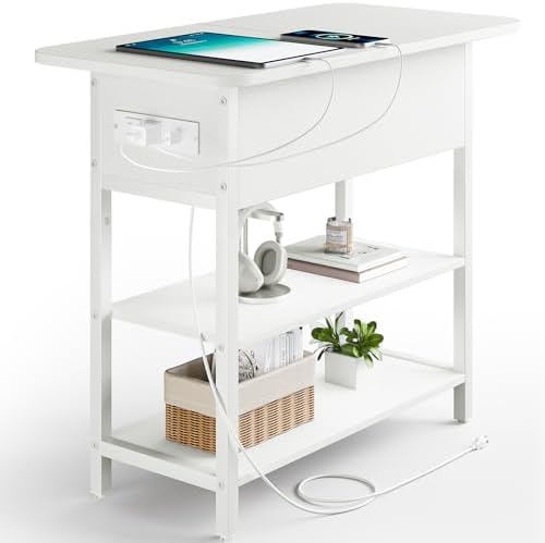 Yoobure End Table with Charging Station, Flip Top Side Table with USB Ports and Outlets, Sofa Couch Table Bedside Table for Living Room Bedroom, Narrow Nightstand with Storage Shelves for Small Spaces by Yoobure