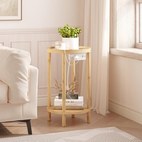HOOBRO Small Round Side Table with Charging Station, 2-Tier Round Bamboo End Table, Compact Sofa Bedside Table for Small Space, Easy Assembly, for Living Room, Bedroom, Apartment, Natural YL156UBZ01 - Image 2