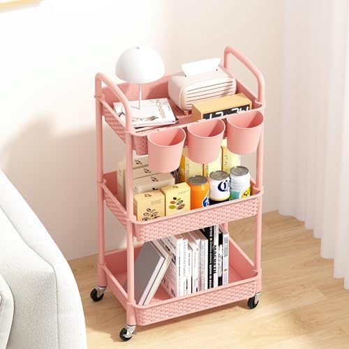 MOYIPIN 3-Tier Plastic Rolling Utility Cart with Handle,Pink - Image 3