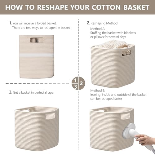 UBBCARE Set of 4 Storage Basket-12 X 12 X 12 in, Cotton Rope Baskets for Shelves, Toys, Book, Cube Storage Bins with Handles, Woven Storage Basket for Organizing, Beige - Image 7