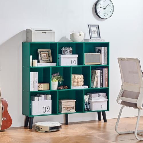 LEYAOYAO 10 Cube Bookshelf,Mid-Century Modern Bookcase with Legs,Dark Green - Image 3
