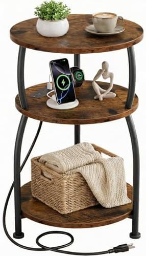 Round Side Table with Power Outlet, USB Type C Port, 3-Tier End Table by designyourhome