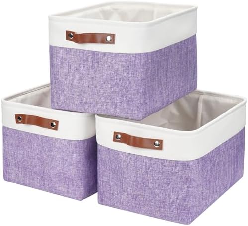 Bagnizer Storage Bins Large Fabric Storage Baskets for Shelves 3 Pack, Decorative Linen Closet Baskets with Handles for Organizing, Shelf, Clothes, Home, Office, 15x11x9.5Inches (Purple&White) by Bagnizer