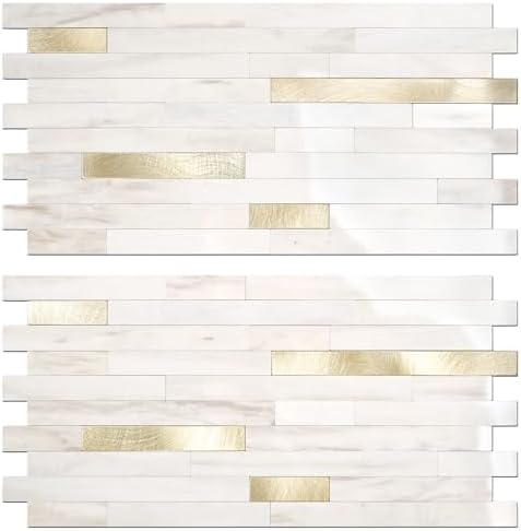 STICKGOO 2 Sheets Peel and Stick Backsplash Tile, Stick on Backsplash for Kitchen and Bathroom, Glossy Eurasian Wood Grain PVC Mixed Metal Gold Self Adhesive Wall Tiles by STICKGOO
