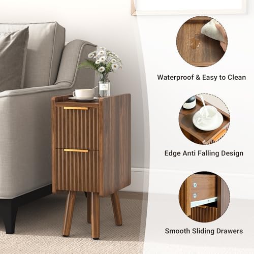 ELYKEN 7.9" Fluted Narrow Nightstand, 20.6" H Skinny Side Table, Walnut - Image 4