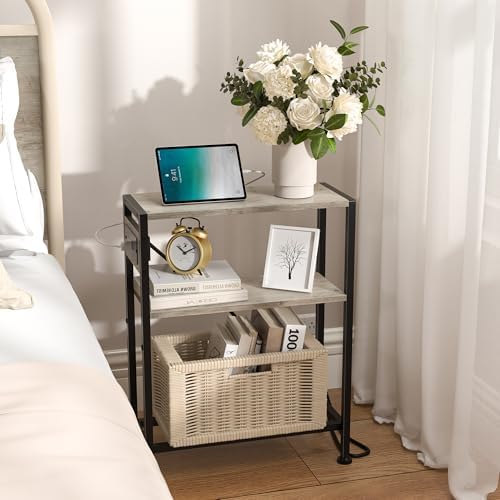 Small Narrow Side Table with Charging Station, Skinny End Table for Small Spaces, Slim Nightstand with Outlets, Sofa Bedside Table in Living Room, Bedroom, Kitchen and Balcony (Greige) - Image 4