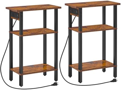 HOOBRO Narrow Side Table, Set of 2, 3-Tier Slim End Table with Charging Station, Skinny Nightstand with Open Storage, for Small Spaces, Living Room, Bedroom, Study, Rustic Brown and Black BF340UBZP201 by HOOBRO