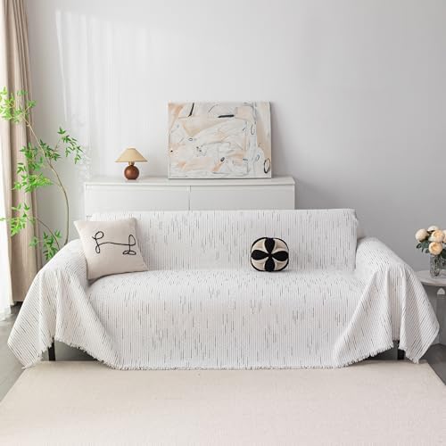 MYSKY HOME Boho Couch Cover White Sofa Covers with Tassel Farmhouse Sofa Slipcover Simple Couch Protector for Dogs Chenille Sectional Couch Covers L Shaped Couch Cushion Covers, 91"x 134" by MYSKYHOME