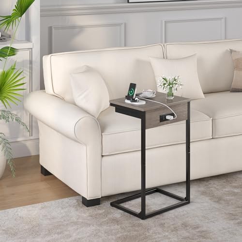 sthmec C Shaped End Table with Charging Station,45° Tiltable Adjustable Flip Top Side Table Set of 2,Small C Table Set 2 for Small Spaces,Slide Under Couch Sofa Bedside Table Living Room,Grey - Image 6