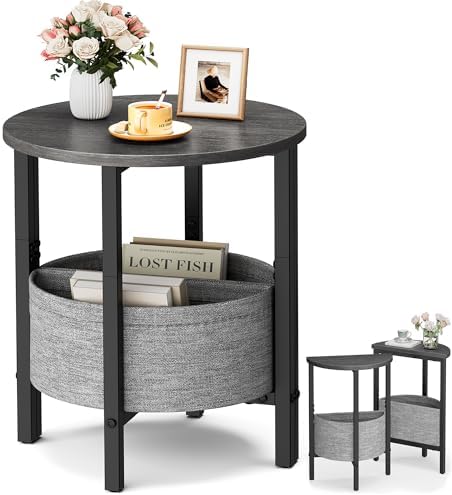 Vagusicc Small Round Side Table End Table, Tall Accent Table with Storage Basket, Set of 2 Half Round Table Half Moon Tables, Coffee Bedside Table Modern Nightstand for Living Room Bedroom Gray Walnut by Vagusicc