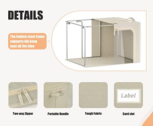 3 Openings Large Clothes Storage Bins with Metal Frame, Foldable Storage Bin for Clothes,Clothing Storage Bins with Lid, Linen Storage Box With Clear Window＆ Zippers＆ Durable Handles.(3 Pcs,Beige,66L) - Image 4