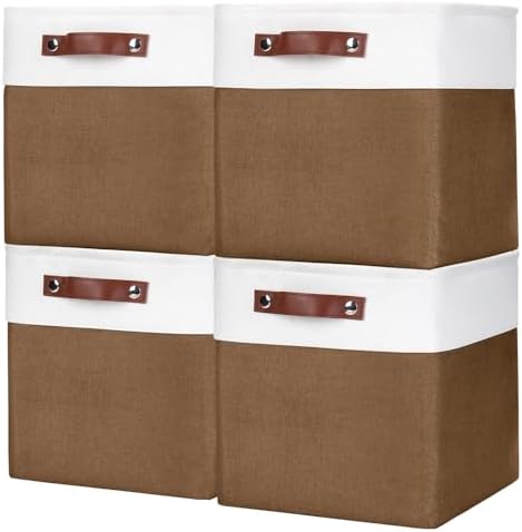 Bagnizer Collapsible Fabric Storage Cubes 11x11 Cube Storage Bins, 4 Pack Closet Baskets Box with Handles for Organizing, Shelf, Toys, Clothes, Home, Office, Nursery (Brown&White) by Bagnizer