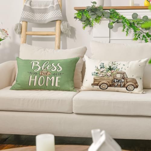 AVOIN colorlife Bless Our Home Farmhouse Eucalyptus Leaves Throw Pillow Covers, 12 x 20 Inch Green Truck Cushion Case Decorations Set of 4 - Image 3