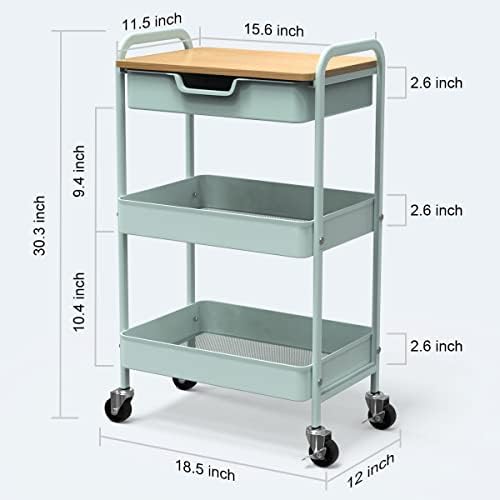 3 Tier Rolling Cart, Utility Cart with Drawer& Table Top, Mint Green - Image 3