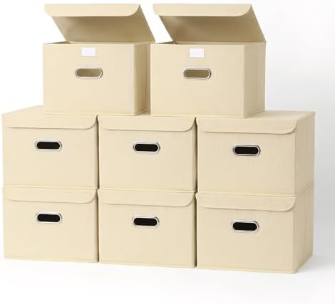8-Pack Large Collapsible Storage Bins with Lids,Fabric Storage Cubes Organizer for Shelves,Closet,Nursery,Foldable Cube Storage Baskets with Handles,Home Boxes (14.9"x9.8",Creamy-White) by SEVENDOME