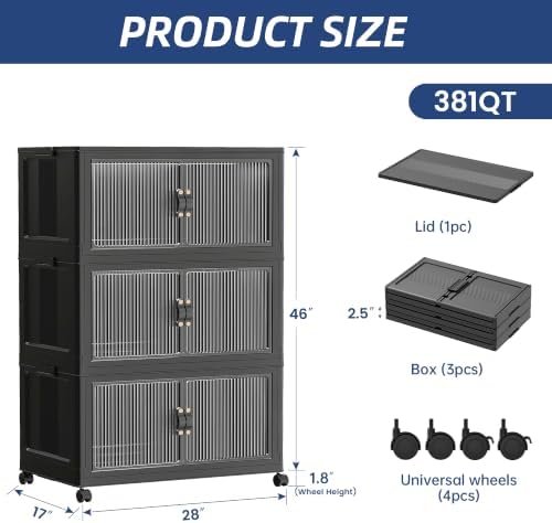 SAILUN 381Qt Stackable Storage Bins,Storage Cabinet with a Lid,3 Pack Black - Image 6