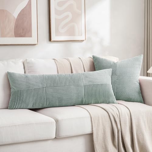 Fancy Homi Set of 2 Grey Blue Boho Long Lumbar Body Decorative Throw Pillow Cover 14x36 Inch for Bed Couch Bedroom Bench, Soft Patchwork Corduroy Textured Pillow Case, Rustic Farmhouse Room Décor - Image 5