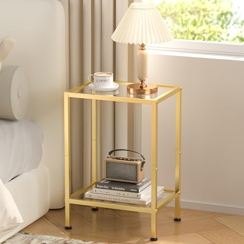 Glass Side Table, Tempered Glass End Table, 2-Tier Nightstands with Open Shelves, Small Coffee Table with Modern Style, Accent Table Small Table Sofa Table for Living Room, Bedroom,Gold - Image 5