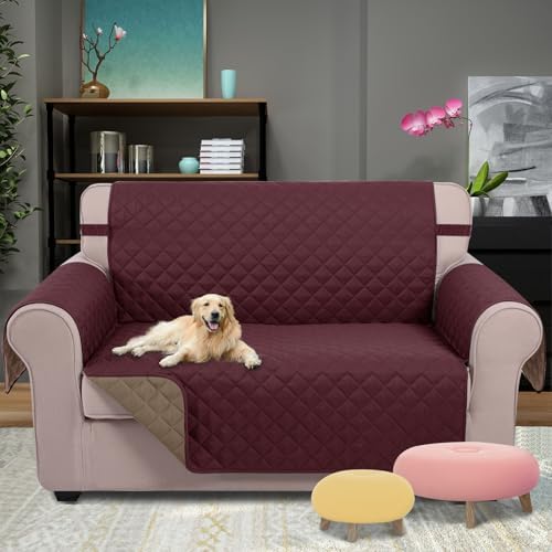 U-NICE HOME Loveseat Sofa Cover for 2 Cushion Couch, Burgundy/Tan - Image 2