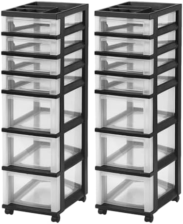 IRIS USA 7-Drawer Rolling Storage Cart with Wheels, 2-Pack, Black/Clear by IRISUSA