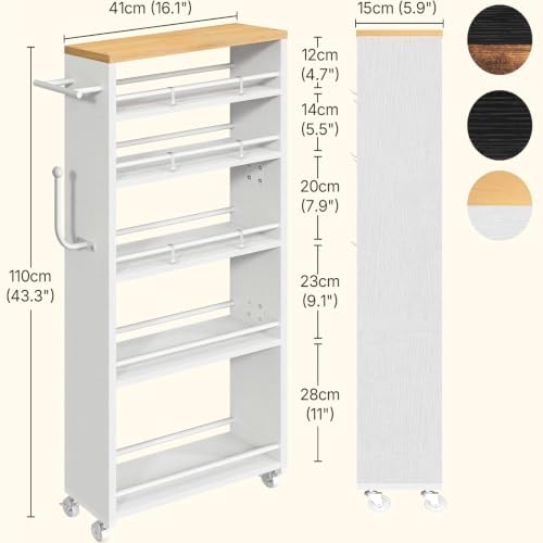 YATINEY 6 Tier Slim Storage Cart, Narrow Kitchen Cart with Wheels, Rolling Utility Cart with Handle and 6 Hooks, Space Saving Organizer for Kitchen, Bathroom, Laundry Room, White BC11WN - Image 6