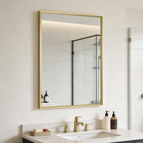 Bathroom Mirror for Wall, 30x20 Inch Framed Vanity Mirror Brushed Gold by Ruomeng