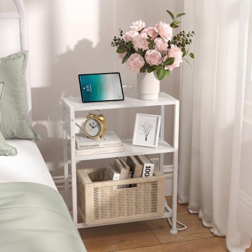 Small Narrow Side Table with Charging Station, Skinny End Table for Small Spaces, Slim Nightstand with Outlets, Sofa Bedside Table in Living Room, Bedroom, Study, Kitchen and Balcony, White - Image 2