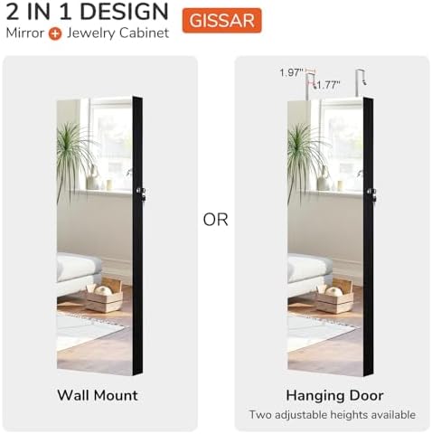 GISSAR Full Length Mirror Jewelry Cabinet, 6 LEDs Jewelry Armoire Wall Mounted Over The Door Hanging, Jewelry Organizer Storage with Lights Lockable, Black, 14.6" x 47.2" - Image 6
