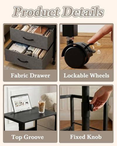 Faesun Swivel Lift Top Nightstand with Charging Station, Rolling Side Table for Recliner, Bedside Table with Wheels & 2 Fabric Drawers, for Small Spaces, for Bedroom, Living Room, Black Gray - Image 6