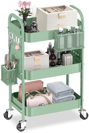 ALVOROG 3 Tier Metal Rolling Utility Cart with Pegboards,Baskets,Hook,Green by ALVOROG