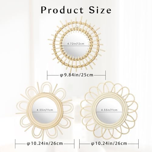Briful Beige Wall Mirrors Decor Set of 3 Wooden Round Wall Mirrors Wall-Mounted Sunburst Mirrors Hanging Wall Art for Living Room Home Indoor Bedroom Decor - Image 2
