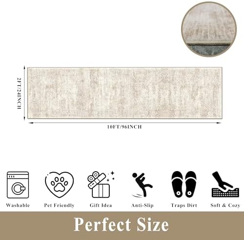 Runner Rug 2x10 Washable Non-Slip Hallway: Vintage Boho Carpet with Rubber Backing for Kitchen Entryway Hall Holiday Farmhouse Neutral Cream Long Runners (Cream/Beige,2'x10') - Image 2
